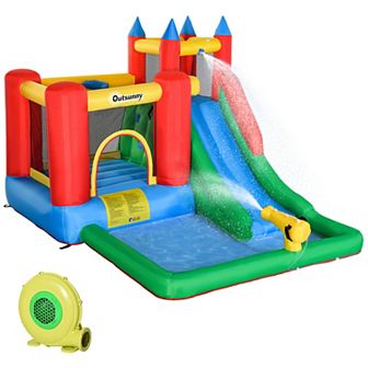 Outsunny Kids Inflatable Water Slide 6 in 1 Bounce House Jumping Castle Water Pool Gun Climbing Wall Basket with Air Blower for Summer Playland