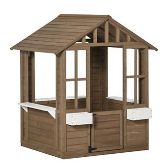 Outsunny Kids Wooden Playhouse Outdoor Garden Games Cottage with Working Door Windows Flowers Pot Holder 47" x 38" x 54"