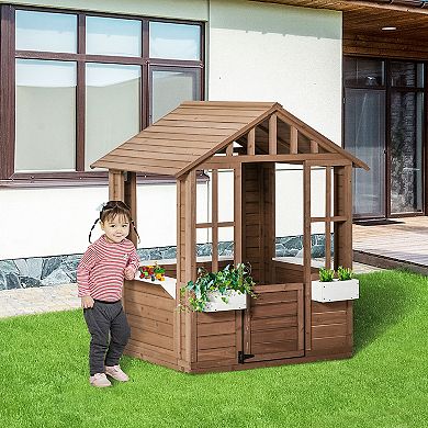 Outsunny Kids Wooden Playhouse Outdoor Garden Games Cottage with Working Door Windows Flowers Pot Holder 47" x 38" x 54"