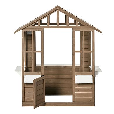 Outsunny Kids Wooden Playhouse Outdoor Garden Games Cottage with Working Door Windows Flowers Pot Holder 47" x 38" x 54"