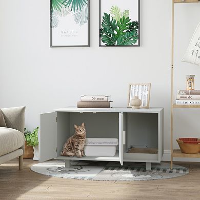 PawHut Wooden Cat Litter Box Enclosure and House with Nightstand/End Table Design Scratcher and Magnetic Doors Brown