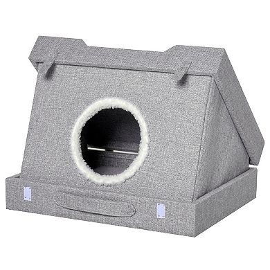 PawHut Cat House Foldable 2 In 1 Design Condo Pet Bed with Removable Washable Cushions Scratching Pad Grey