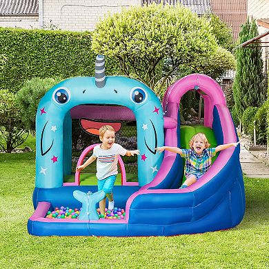 Outsunny 5 in 1 Kids Inflatable Bounce Narwhals Theme Jumping Castle Includes Slide Trampoline Pool Water Gun Climbing Wall with Carry Bag Repair Patches and Air Blower