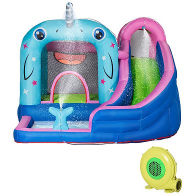 Outsunny 5 in 1 Kids Inflatable Bounce Narwhals Theme Jumping Castle Includes Slide Trampoline Pool Water Gun Climbing Wall with Carry Bag Repair Patches and Air Blower