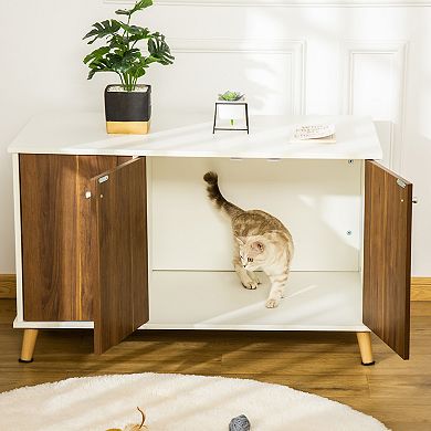 PawHut Cat Litter Box Enclosure Hidden Cat Furniture Cabinet Indoor End Table with Adjustable Shelf Magnetic Door White