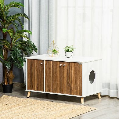 PawHut Cat Litter Box Enclosure Hidden Cat Furniture Cabinet Indoor End Table with Adjustable Shelf Magnetic Door White