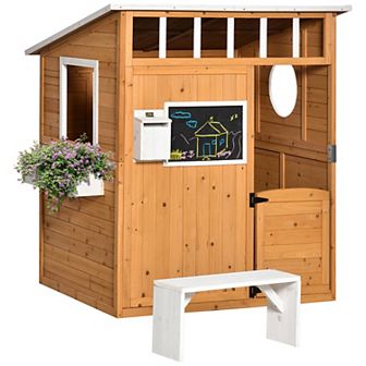 Outsunny Kids Wooden Playhouse Outdoor Garden Games Cottage with Working Door Windows Mailbox Bench Flowers Pot Holder 48" x 42" x 53"