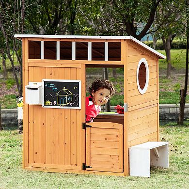 Outsunny Kids Wooden Playhouse Outdoor Garden Games Cottage with Working Door Windows Mailbox Bench Flowers Pot Holder 48" x 42" x 53"