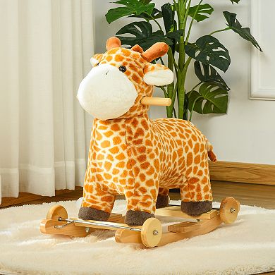 Qaba 2 in 1 Kids Plush Ride On Rocking Horse Toy Giraffe shaped Plush Rocker with Realistic Sounds for Children 3 to 6 Years Yellow