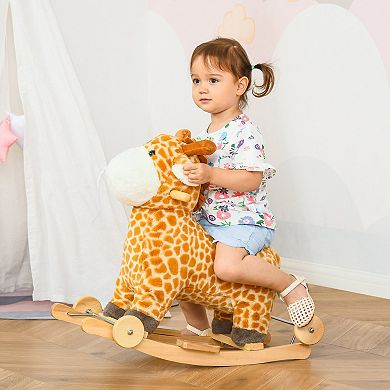 Qaba 2 in 1 Kids Plush Ride On Rocking Horse Toy Giraffe shaped Plush Rocker with Realistic Sounds for Children 3 to 6 Years Yellow
