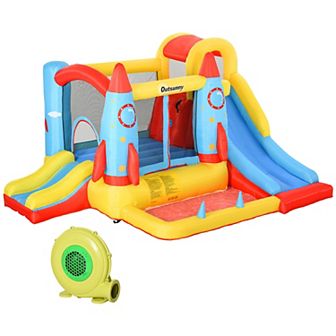Outsunny 4 in 1 Kids Inflatable Bounce House Jumping Castle with 2 Slides Climbing Wall Trampoline and Water Pool Area