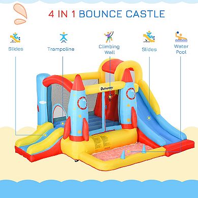 Outsunny 4 in 1 Kids Inflatable Bounce House Jumping Castle with 2 Slides Climbing Wall Trampoline and Water Pool Area