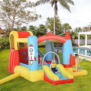 Outsunny 4 in 1 Kids Inflatable Bounce House Jumping Castle with 2 Slides Climbing Wall Trampoline and Water Pool Area