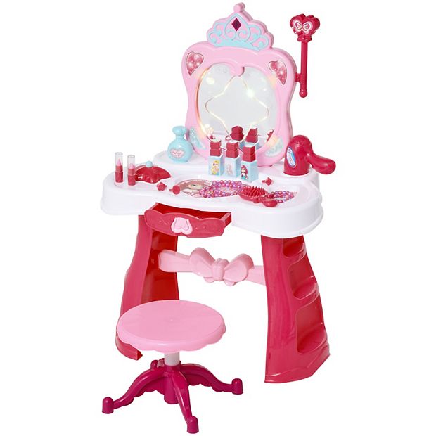 Qaba Kids Vanity Set Makeup Table Princess Pretend Play for Girls with Lights Sounds Stool Magic