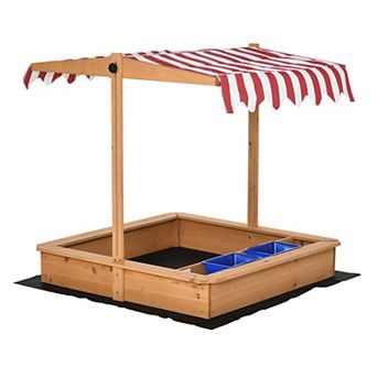 Outsunny Kids Wooden Sandbox Children Sand Play Station Outdoor with Adjustable Height Cover Bottom Liner Seat Plastic Basins Boys and Girls for Backyard Beach Lawn