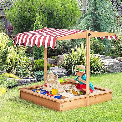 Outsunny Kids Wooden Sandbox Children Sand Play Station Outdoor with Adjustable Height Cover Bottom Liner Seat Plastic Basins Boys and Girls for Backyard Beach Lawn