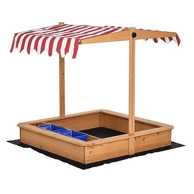 Outsunny Kids Wooden Sandbox Children Sand Play Station Outdoor with Adjustable Height Cover Bottom Liner Seat Plastic Basins Boys and Girls for Backyard Beach Lawn