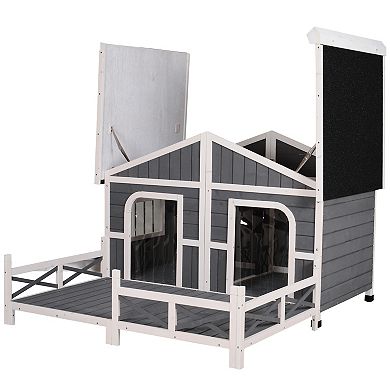 Wooden Large Dog House, Perfect For The Porch Or Deck, 59" L, Grey