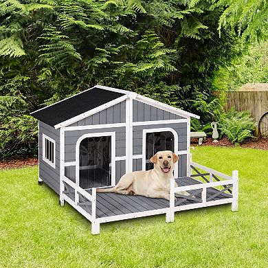 Wooden Large Dog House, Perfect For The Porch Or Deck, 59" L, Grey