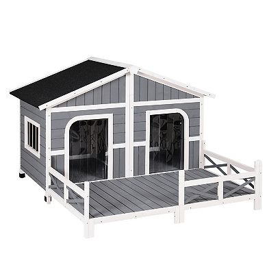 Wooden Large Dog House, Perfect For The Porch Or Deck, 59" L, Grey