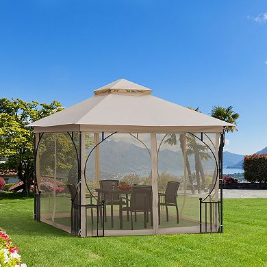 Outsunny 10' x 10' Patio Gazebo Canopy Outdoor Pavilion with Mesh Netting SideWalls 2 Tier Polyester Roof and Steel Frame Beige