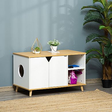 PawHut Wooden Cat Litter Box Enclosure Multipurpose Anti Tracking Pet Kitten House Indoor End Table with Double Doors and Storage Shelves Oak