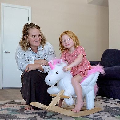 Qaba Kids Rocking Horse Wooden Plush Ride On Unicorn Chair Toy with Lullby Song for 18 36 months children