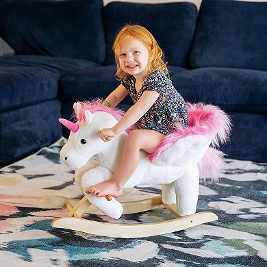 Qaba Kids Rocking Horse Wooden Plush Ride On Unicorn Chair Toy with Lullby Song for 18 36 months children