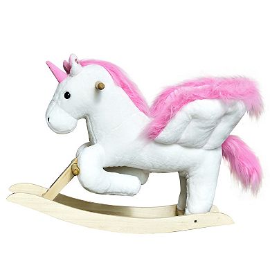 Qaba Kids Rocking Horse Wooden Plush Ride On Unicorn Chair Toy with Lullby Song for 18 36 months children