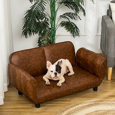 PawHut Pet Sofa Dog Bed Couch Foldable Cat Lounger PU Leather Cover for Small and Large Sized Animals 39" x 21" x 17" Expandable to 52" x 30.25" x 7" Brown