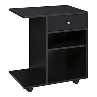 Wooden Side Table Storage Organizer With Drawer, Cpu Stand, And Wheels, White