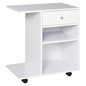 Wooden Side Table Storage Organizer With Drawer, Cpu Stand, And Wheels, White