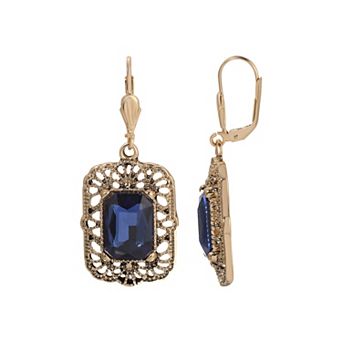 1928 Gold Tone Blue Square Leverback Earrings