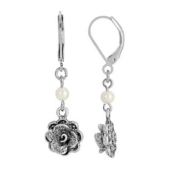 1928 Silver Tone Flower Leverback Earrings
