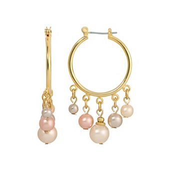 1928 Gold Tone Multi Color Simulated Pearl Hoop Earrings