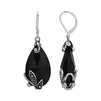 1928 Silver Tone Glass Crystal Teardrop Leverback Earrings