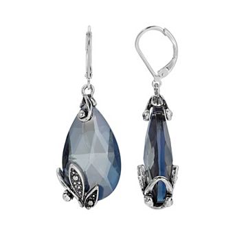 1928 Silver Tone Glass Crystal Teardrop Leverback Earrings