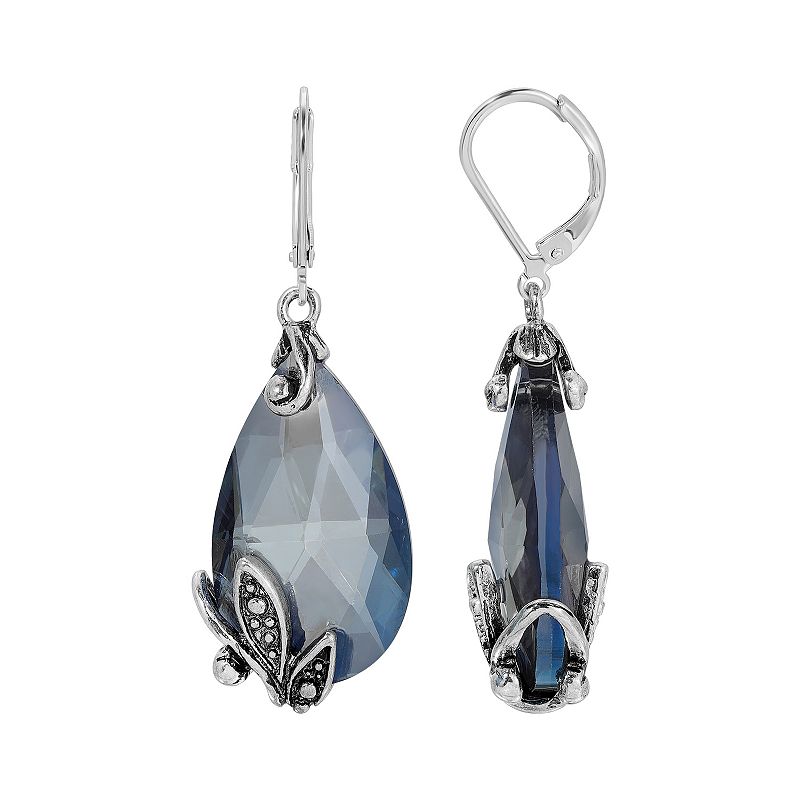1928 Silver Tone Glass Crystal Teardrop Leverback Earrings, Womens, Blue