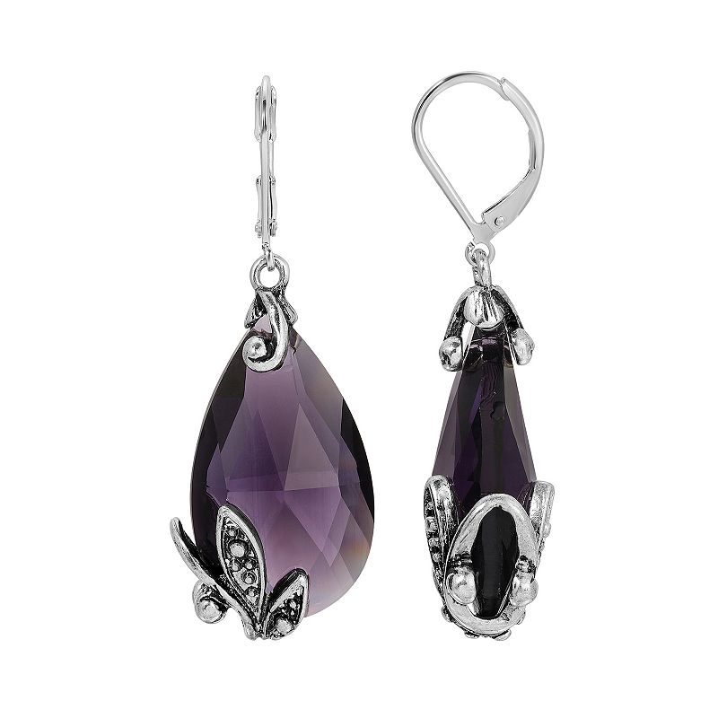 1928 Silver Tone Glass Crystal Teardrop Leverback Earrings, Womens, Purple