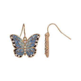 1928 Gold Tone Blue Enamel and Simulated Crystal Butterfly Drop Earrings