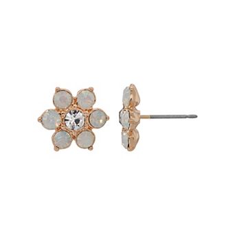 1928 Gold Tone Simulated White Opal Crystal Flower Stud Earrings