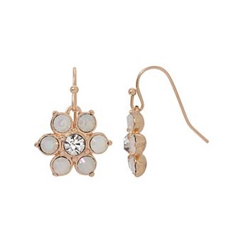 1928 Gold Tone Simulated White Opal Crystal Flower Drop Earring