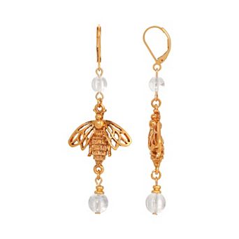 1928 Gold Tone Simulated Crystal Bee Drop Earrings