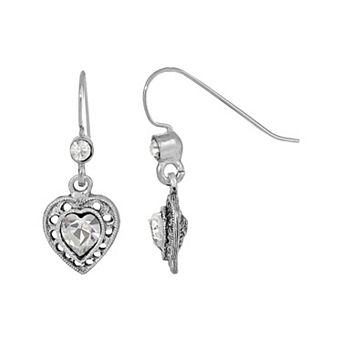 1928 Silver Tone Heart Drop Earrings