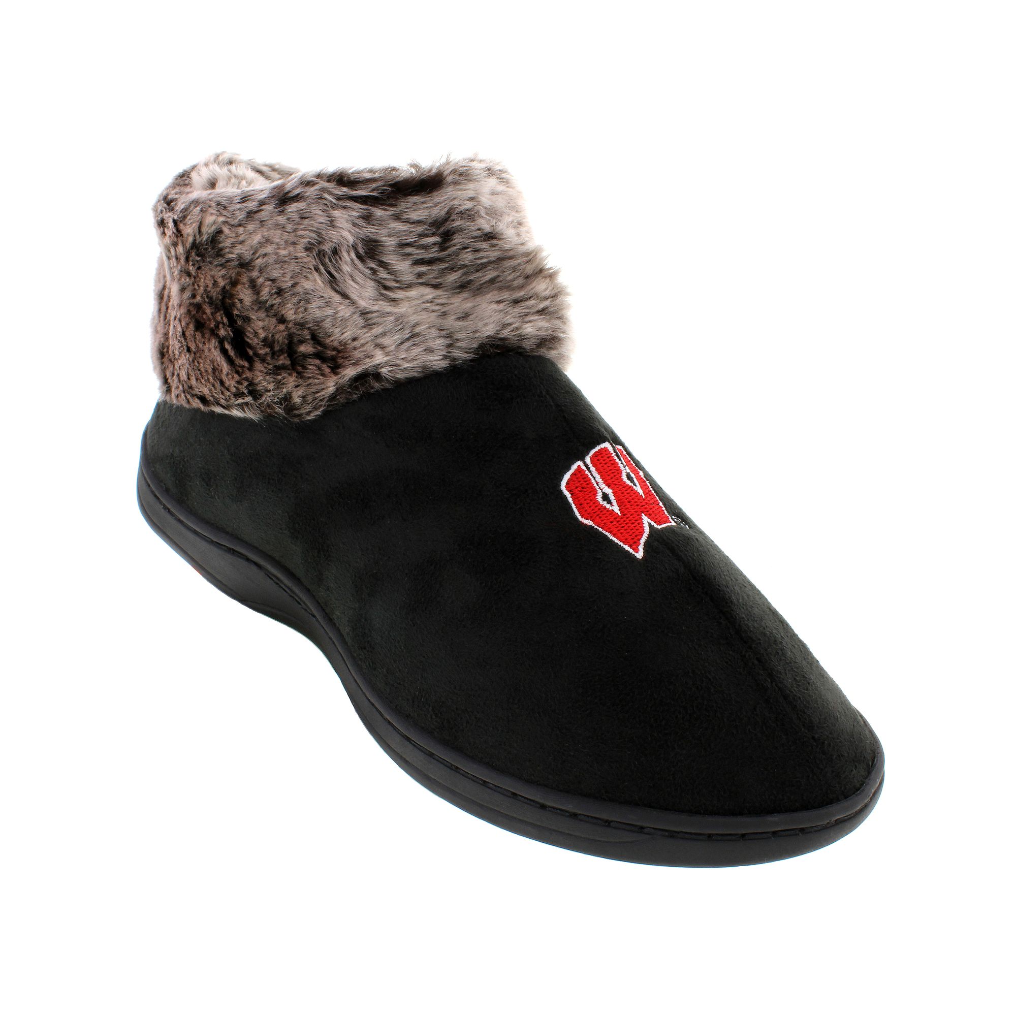 Wisconsin Badgers Faux-Fur Slippers, Womens, Size: Large, Black