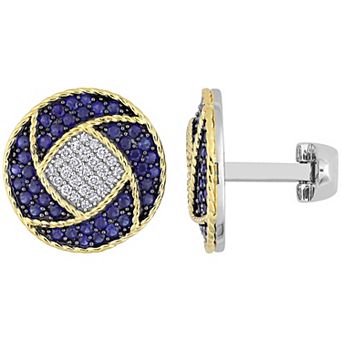 Stella Grace Men's Two Tone Sterling Silver Lab-Created Sapphire & 1/3 Carat T.W. Diamond Cuff Links