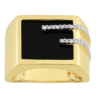 Stella Grace Men's Gold Tone Sterling Silver Black Onyx & 1/6 Carat T.W. Diamond Square Ring