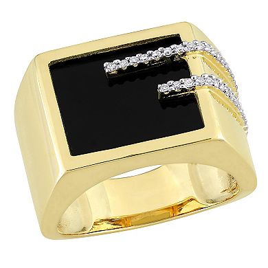 Stella Grace Men's Gold Tone Sterling Silver Black Onyx & 1/6 Carat T.W. Diamond Square Ring
