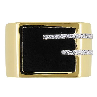 Stella Grace Men's Gold Tone Sterling Silver Black Onyx & 1/6 Carat T.W. Diamond Square Ring