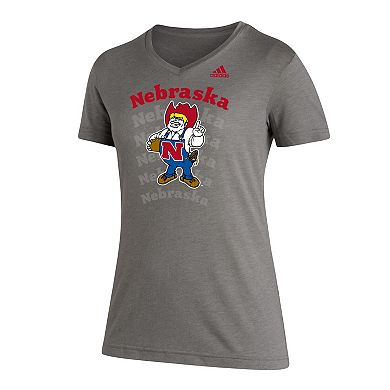 Women's adidas Heathered Gray Nebraska Huskers Vault Logo Repeat Tri-Blend V-Neck T-Shirt